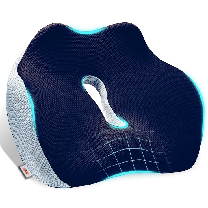 Ортопедична възглавница за седалка, Linomag, Изработена от мемори пяна, Дишаща и нехлъзгаща се калъфка, Лумбална защита, Полезна при ишиас, Болки в бедрата, Хемороиди, Тъмносин
