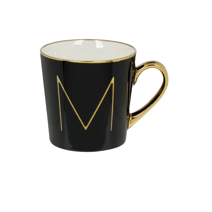 Чаша, буква М, златен кант, черна, 460мл