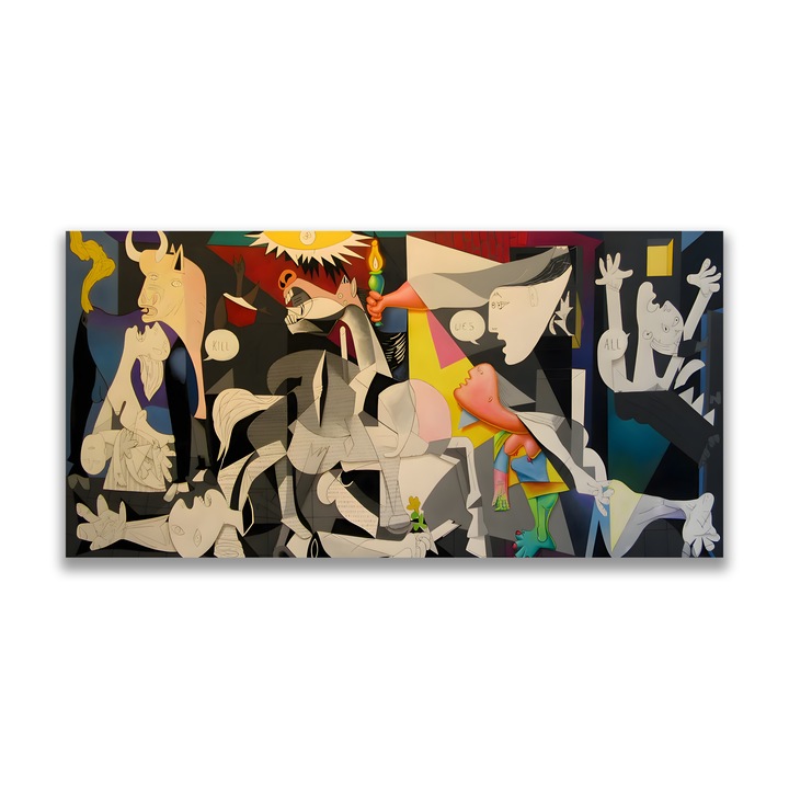 Картина на платно, LuxCanva® A1609, Герника, 70 X 140 CM, 100% памучно платно 400g/m2, Дървена рамка, Стая, Пабло Пикасо, Символично пространство, Родината на баската свобода, Абстракт, Спалня, Живи цветове