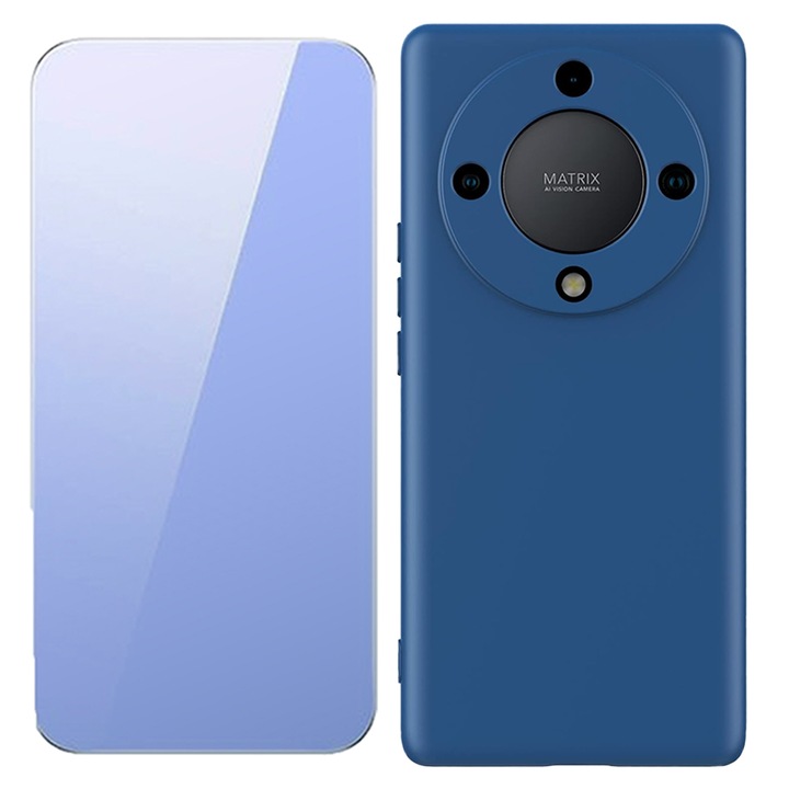 Комплект фолио и калъф Optim Solution, За Honor Magic6 Lite, 2.5D закалено стъкло, UHD Clarity, 3D Touch, Матиран силикон, Защита на камерата, Мек течен TPU, SlimFit, Екологичен, Официален и основен дизайн, Лек, Повдигнати ръбове, Син