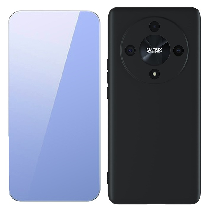 Комплект фолио от 2.5D закалено стъкло, UHD Clarity, 3D Touch и матов силиконов калъф за Honor Magic6 Lite, ОПТИМАЛНО РЕШЕНИЕ, защита на камерата, мек течен TPU, SlimFit, екологичен, официален и основен дизайн, лек, повдигнати ръбове, черен