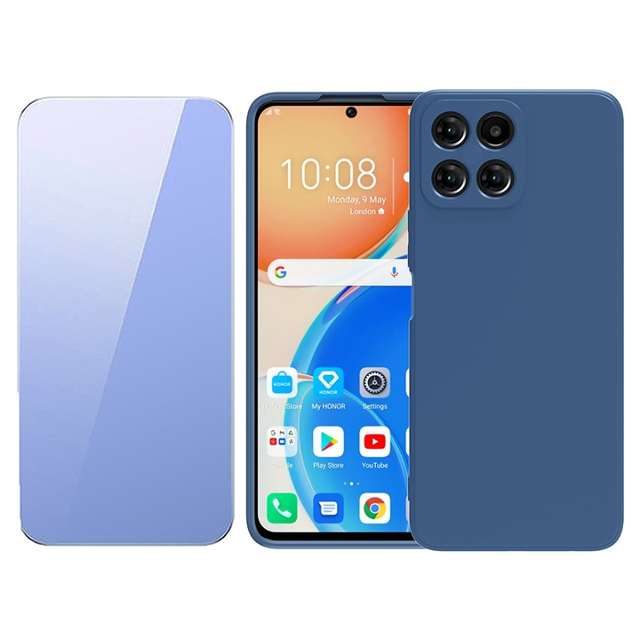 2.5D edzett üvegfólia készlet, UHD Clarity, 3D Touch és szilikon matt tok Honor X8b-hez, OPTIM MEGOLDÁS, Kameravédelem, Soft Liquid TPU, SlimFit, környezetbarát, hivatalos és alapkialakítás, könnyű, emelt élek, kék