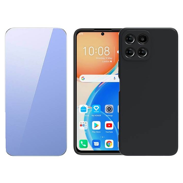 2.5D edzett üvegfólia készlet, UHD Clarity, 3D Touch és matt szilikon tok a Honor X6a készülékhez, OPTIM MEGOLDÁS, Kameravédelem, Soft Liquid TPU, SlimFit, környezetbarát, hivatalos és alapkialakítás, könnyű, emelt élekkel, fekete