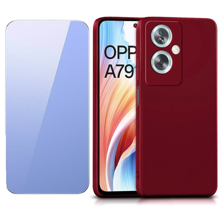 Комплект фолио от 2.5D закалено стъкло, UHD Clarity, 3D Touch и матов силиконов калъф за Oppo A79,Optim Solution, защита на камерата, мек течен TPU, SlimFit, екологичен, официален и основен дизайн, лек, повдигнати ръбове, тъмно син