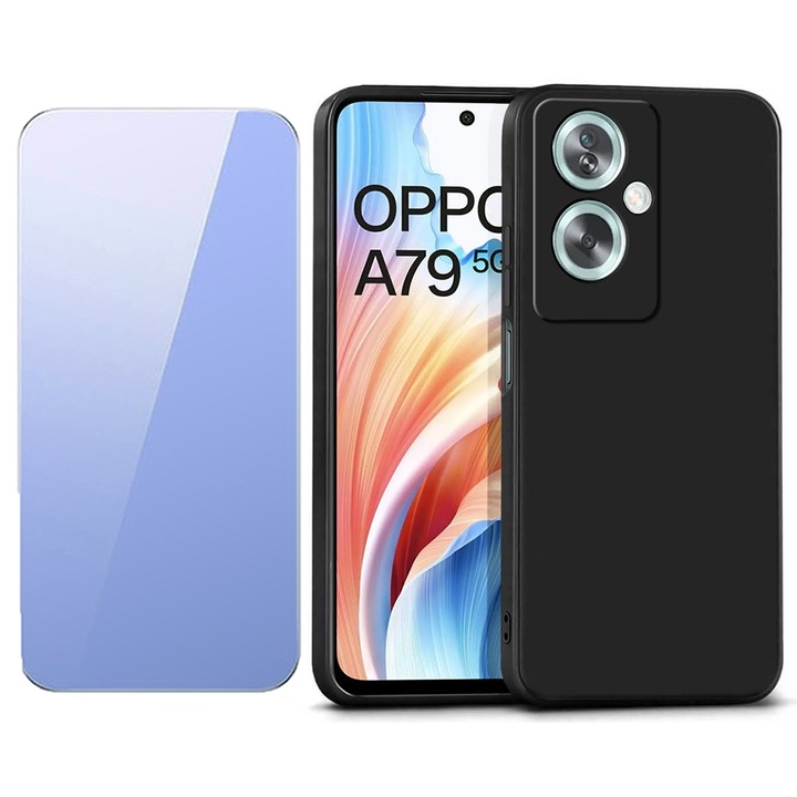 Комплект 2.5D закалено стъклено фолио, UHD Clarity, 3D Touch и силиконов матов калъф за Oppo A79, ОПТИМАЛНО РЕШЕНИЕ, защита на камерата, мек течен TPU, SlimFit, екологично чист, официален и основен дизайн, лек, повдигнати ръбове, черен