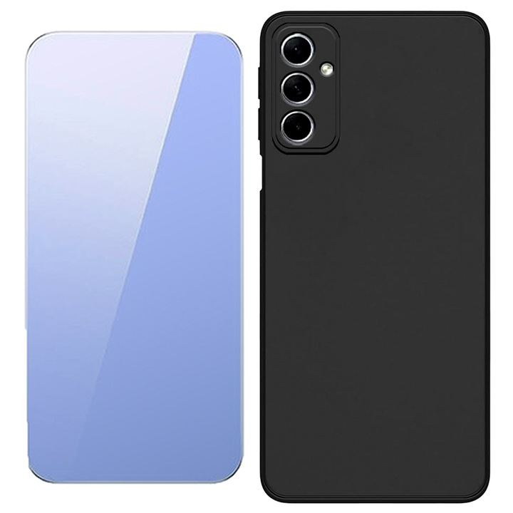 Set Folie din Sticla Securizata 2.5D, UHD Clarity, 3D Touch, si Husa Matte din Silicon pentru Samsung Galaxy A55, OPTIM SOLUTION, Protectie Camera, Soft Liquid TPU, SlimFit, Eco-friendly, Official & Core Design, Lightweight, Margini Inaltate, Negru