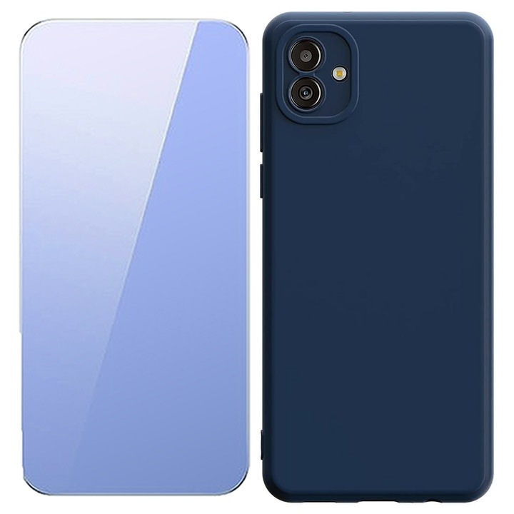 2.5D edzett üvegfólia készlet, UHD Clarity, 3D Touch és szilikon matt tok Samsung Galaxy A04e készülékhez, Optim Solution, kameravédelem, Soft Liquid TPU, SlimFit, környezetbarát, hivatalos és alapkialakítás, könnyű, emelt élekkel, kék