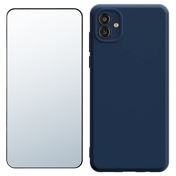 5D edzett üvegfólia készlet, UHD tisztaság, széltől szélig védelem és szilikon matt tok Samsung Galaxy A04e készülékhez, OPTIM MEGOLDÁS, kameravédelem, Soft Liquid TPU, SlimFit, hivatalos és alapkialakítás, könnyű súly, emelt élek, kék