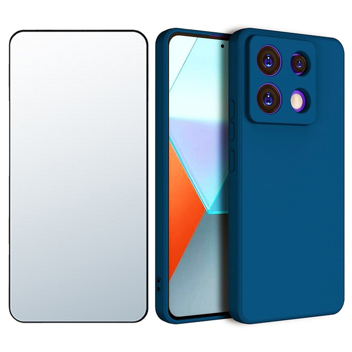 Комплект фолио от 5D закалено стъкло, UHD яснота, защита от край до край и силиконово калъф за Xiaomi Redmi Note 13 Pro 4G, Optim Solution, защита на камерата, течен TPU, SlimFit, официален и основен дизайн, лек, повдигнати ръбове, син