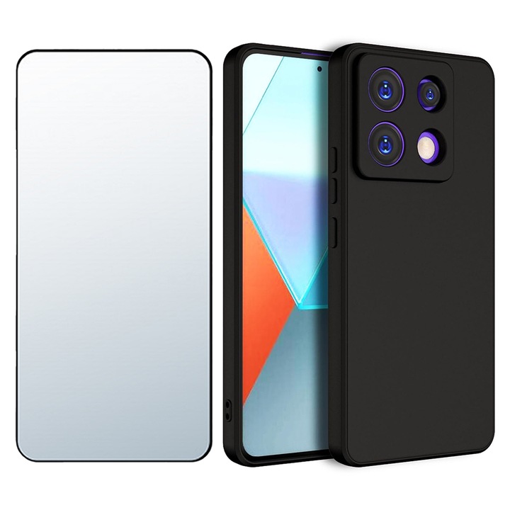 Комплект фолио от 5D закалено стъкло, UHD яснота, защита от край до край и силиконов матов калъф за Xiaomi Redmi Note 13 Pro 4G, ОПТИМАЛНО РЕШЕНИЕ, защита на камерата, течен TPU, SlimFit, официален и основен дизайн, лек, повдигнати ръбове, черен