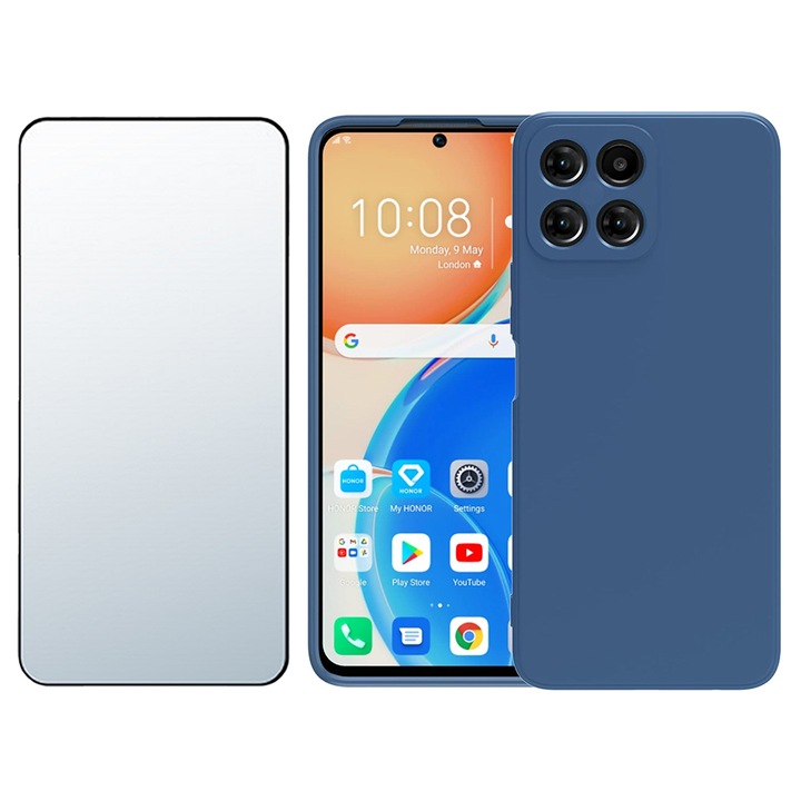 5D edzett üvegfólia készlet, UHD tisztaság, széltől szélig védelem és szilikon matt borítás a Honor X6a-hoz, OPTIM MEGOLDÁS, kameravédelem, folyékony TPU, SlimFit, hivatalos és alapkialakítás, könnyű, megemelt élek, kék