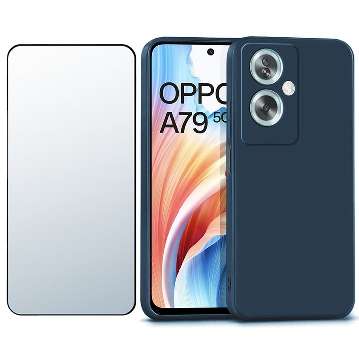 5D edzett üvegfólia készlet, UHD tisztaság, széltől szélig védelem és szilikon matt tok Oppo A79-hez, OPTIM MEGOLDÁS, kameravédelem, folyékony TPU, SlimFit, hivatalos és alapkialakítás, könnyű, megemelt élek, kék