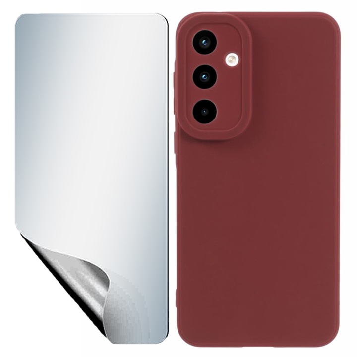 Set Folie Hydrogel Regenerabil UHD Clarity, High Sensitivity si Husa Matte din Silicon pentru Samsung Galaxy A55, OPTIM SOLUTION, Protectie Camera, Soft Liquid TPU, SlimFit, Official & Core Design, Lightweight, Margini Inaltate, Visiniu