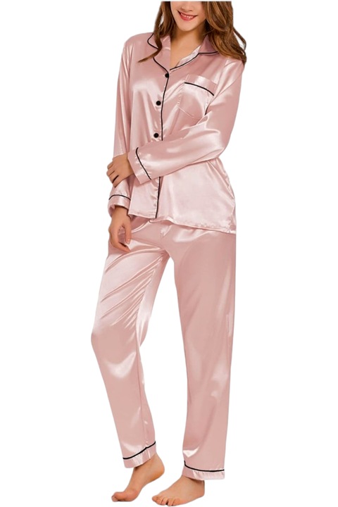 Pijama dama satin, StarFashion, model cu nasturi si buzunar, Roz pudrat