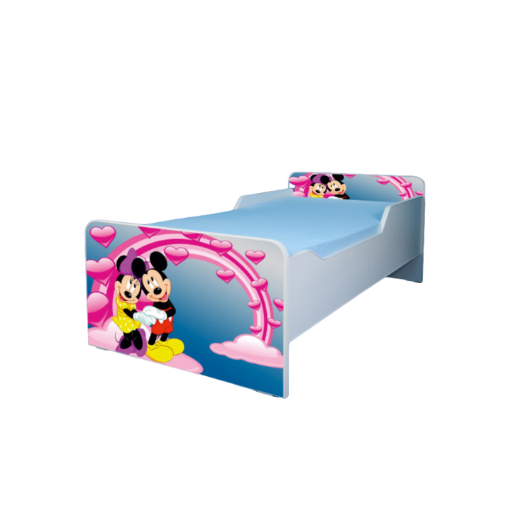 Pat pentru copii Qubi Mickey si Minnie, 180x80 cm, alb/multicolor, saltea inclusa