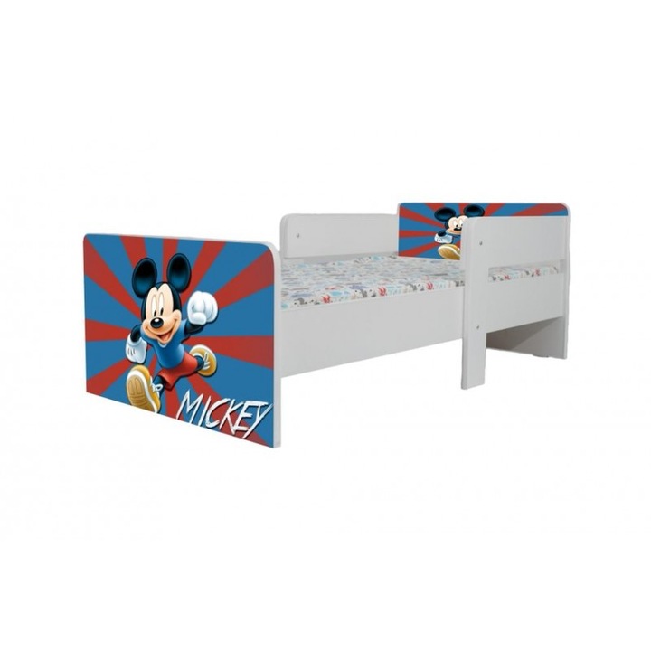 Pat pentru copii Star Mickey Mouse, 180x80 cm, alb/multicolor, saltea inclusa