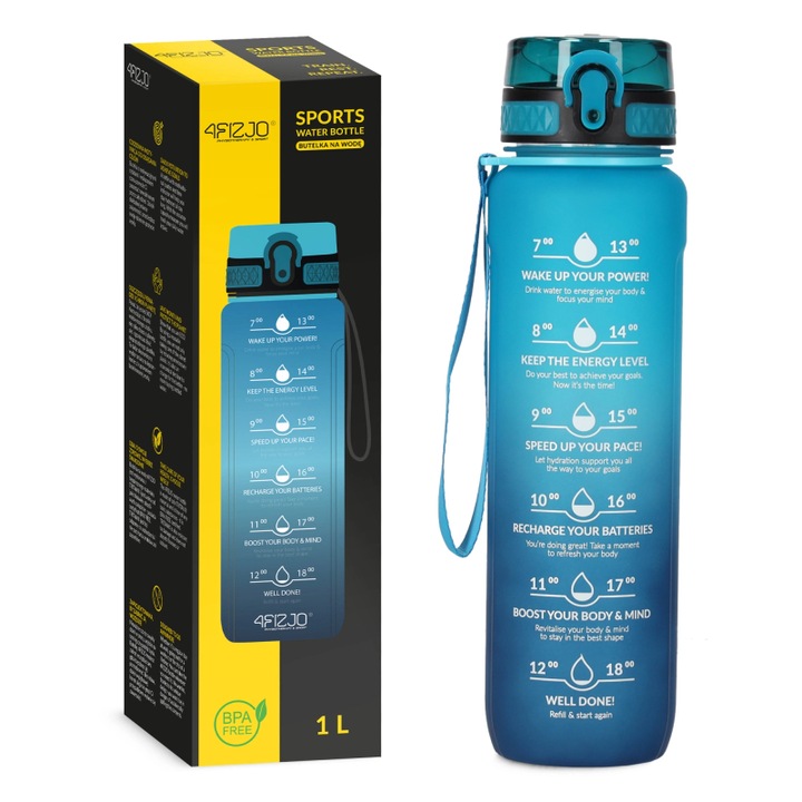 Sticla de apa pentru sport cu scala temporala, 4FIZJO, Tritan, Ergonomica, cu curea suplimentara, impermeabil, capacitate 1 L, 7 x 28 cm, Albastru
