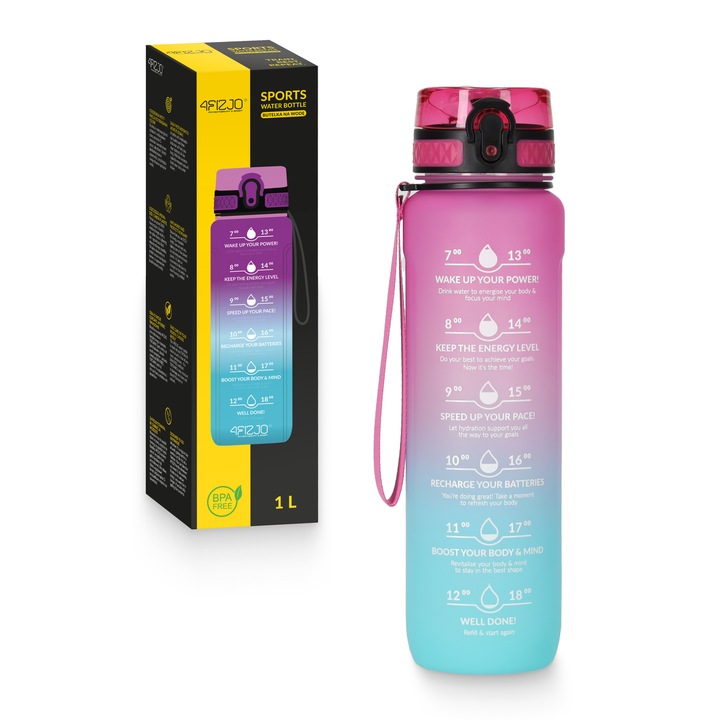 Vizes palack időskálával, 4fIZJO, Tritan, BPA-mentes, ergonomikus, kiegészítő pánttal, vízálló, ideális kerékpárokhoz, 1000 ml, 7 x 28 cm, kék, rózsaszín