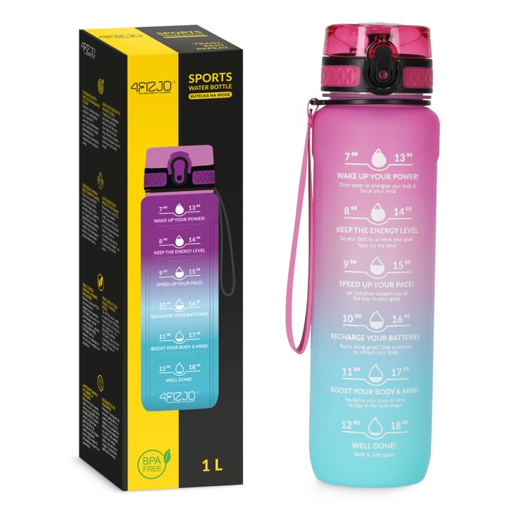 Bidon de apa cu scala temporala, Tritan, Fara BPA, Ergonomica, cu curea suplimentara, impermeabil, ideal pentru biciclete, 1000 ml, 7 x 28 cm, 4FIZJO, Albastru/Roz