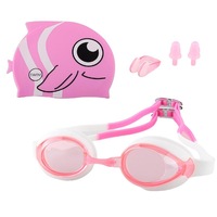 Set Ochelari de Inot pentru Copii, Prixtal, Casca inot Silicon, Dopuri pentru urechi si cleste pentru nas, Anti-UV/ anti-aburire, marime reglabila, Policarbonat/Silicon, 3-9 ani, Alb si Roz