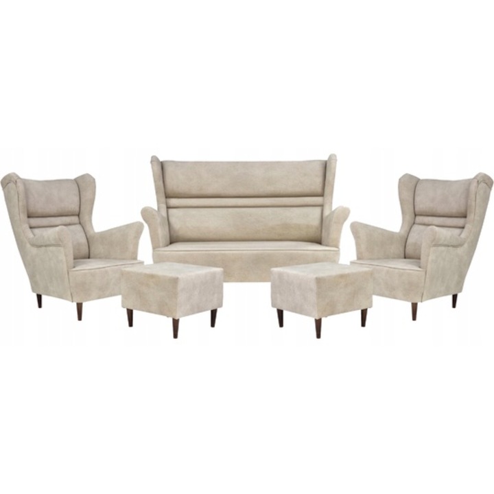 Set canapea + 2 fotolii si 2 suporturi, Model ZOJA, FamilyMeble, Stil scandinav, Catifea/Lemn, Bej