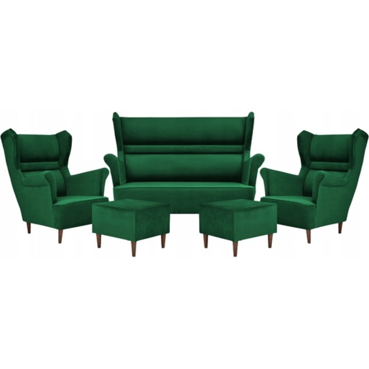 Set canapea + 2 fotolii si 2 suporturi, Model ZOJA, FamilyMeble, Stil scandinav, Catifea/Lemn, Verde