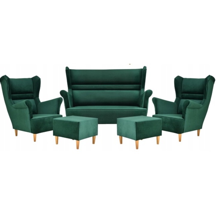 Set canapea + 2 fotolii si 2 suporturi, Model ZOJA, FamilyMeble, Stil scandinav, Catifea/Lemn, Verde inchis
