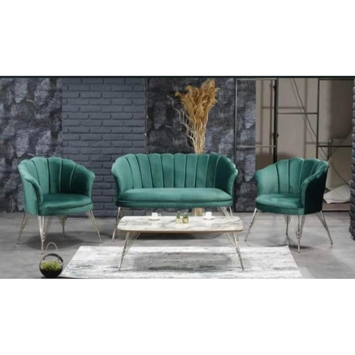 Set Canapea, 3 1 1 Verde, Babyface textil, picioare metalice placate cu aur HAMAN