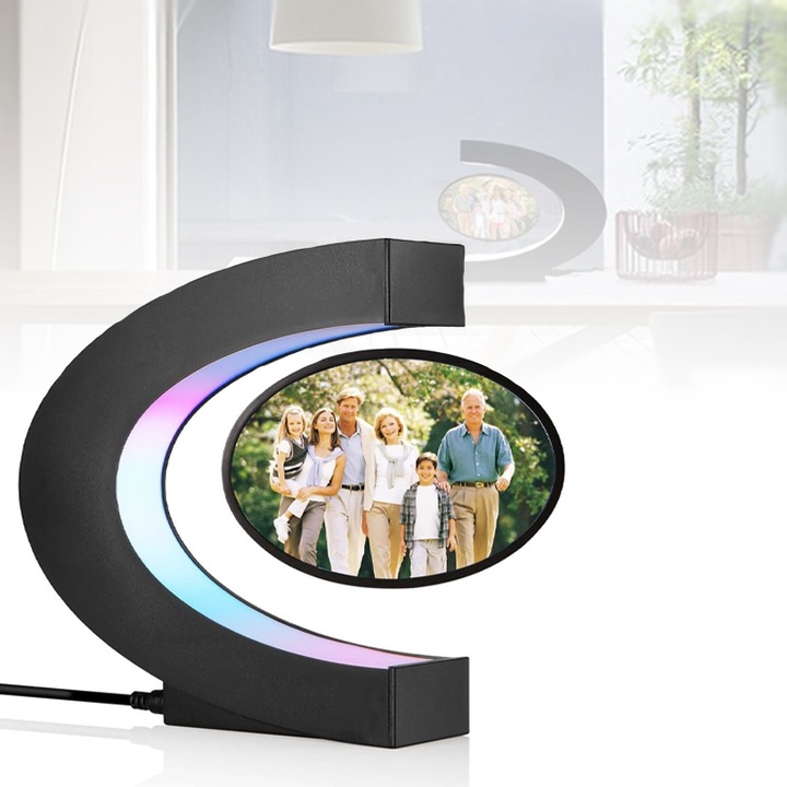 Rama foto cu levitatie magnetica, negru, lumina LED in forma de C, ideala pentru cadou