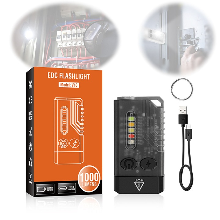 Lanterna EDC, 1000mAh, 5 niveluri de reglare a luminozitatii, 1000 Lumeni, IPX4, cu lumina violeta, sursa de lumina policromatica, USB, 100 Metri, 67 x 35 x 15mm, negru