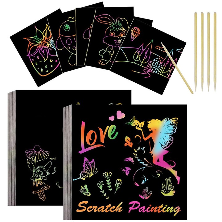 Set 100 planse razuibile Scratch ArtCards, BOMSTOM, diverse teme, cu 5 pixuri din lemn, material sigur, usor de curatat，patrat, 9x9x3 cm, Curcubeu