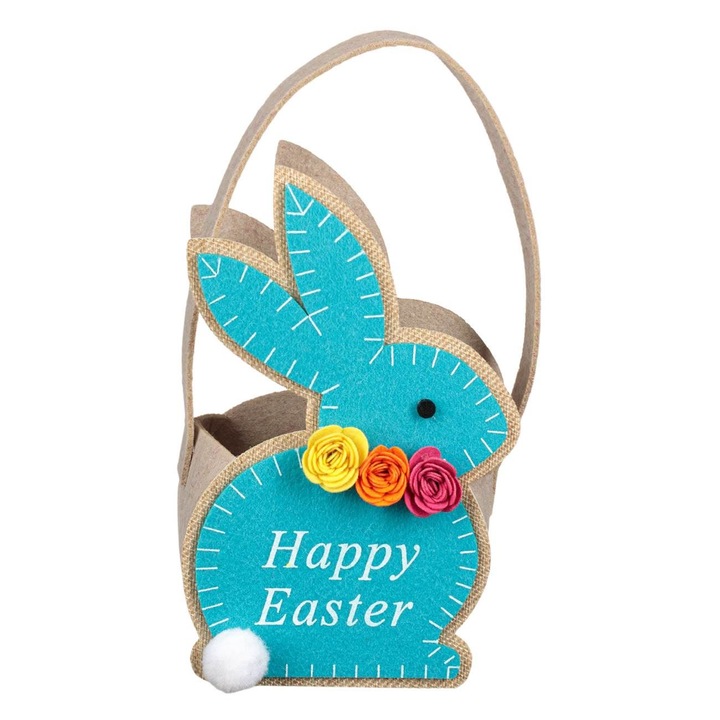 Cos decorativ de Paste Shopiens® din pasla iepure cu flori colorate, pompon alb si maner, 14 x 9 x 23 cm