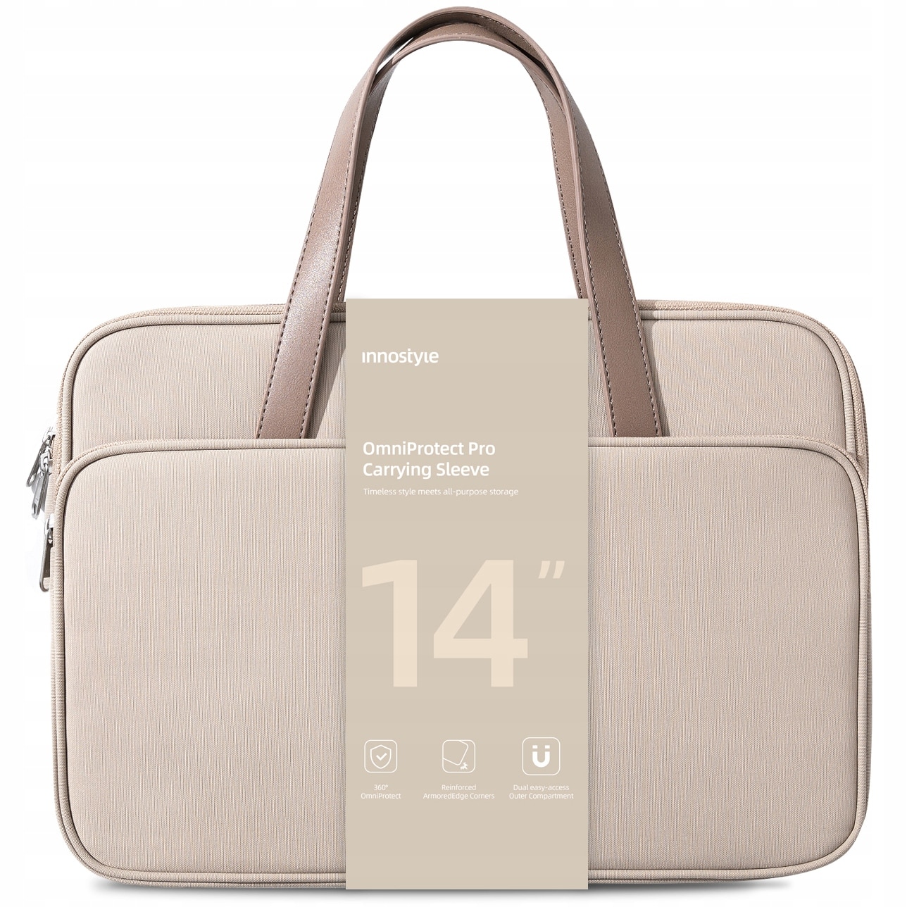 Geanta laptop Innostyle® OmniProtect Pro, pana la 14", impermeabila, ultralight (380g), colturi ranforsate, buzunar extern magnetic, material PU rezistent la abraziune, fermoare YKK, bej