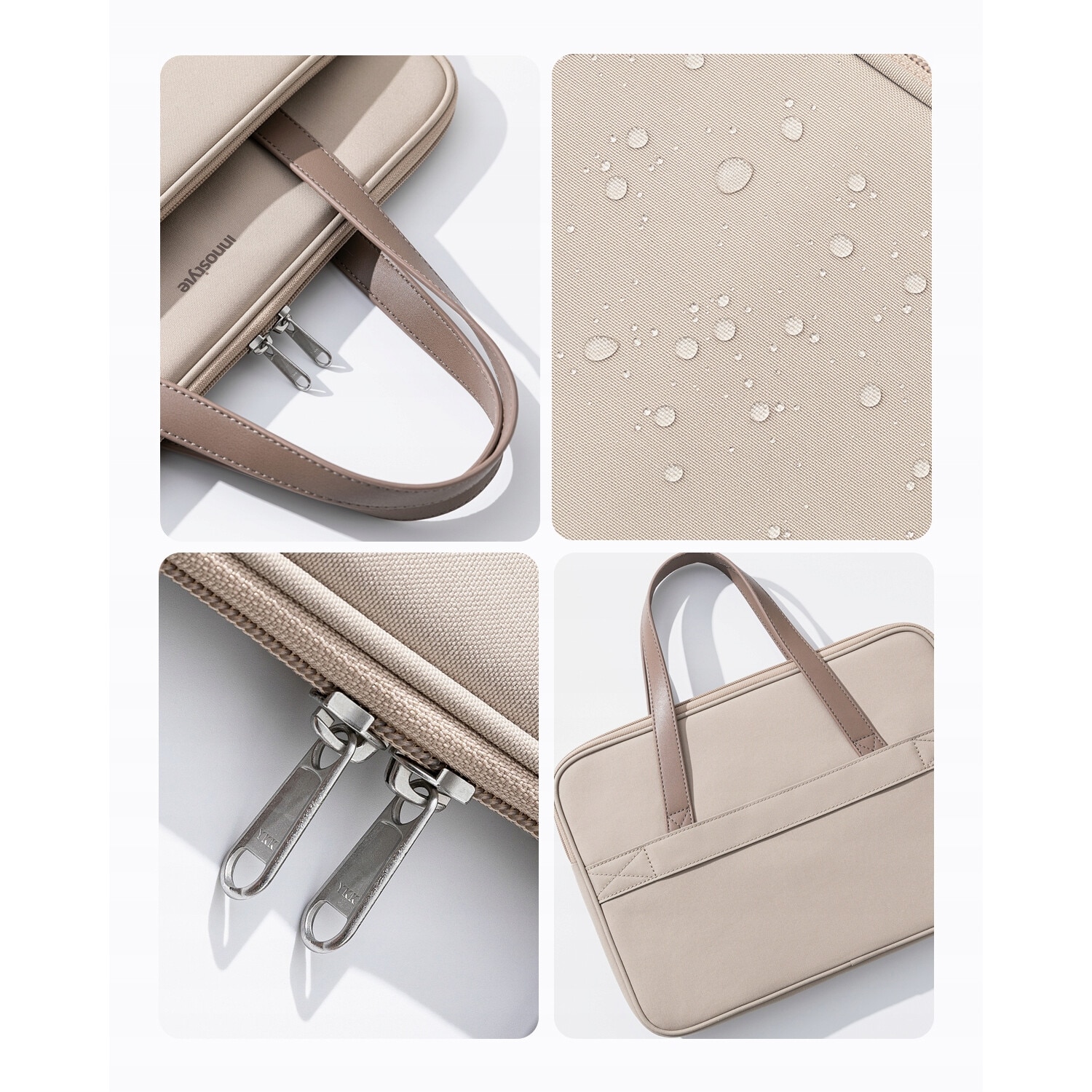 Geanta laptop Innostyle® OmniProtect Pro, pana la 14", impermeabila, ultralight (380g), colturi ranforsate, buzunar extern magnetic, material PU rezistent la abraziune, fermoare YKK, bej
