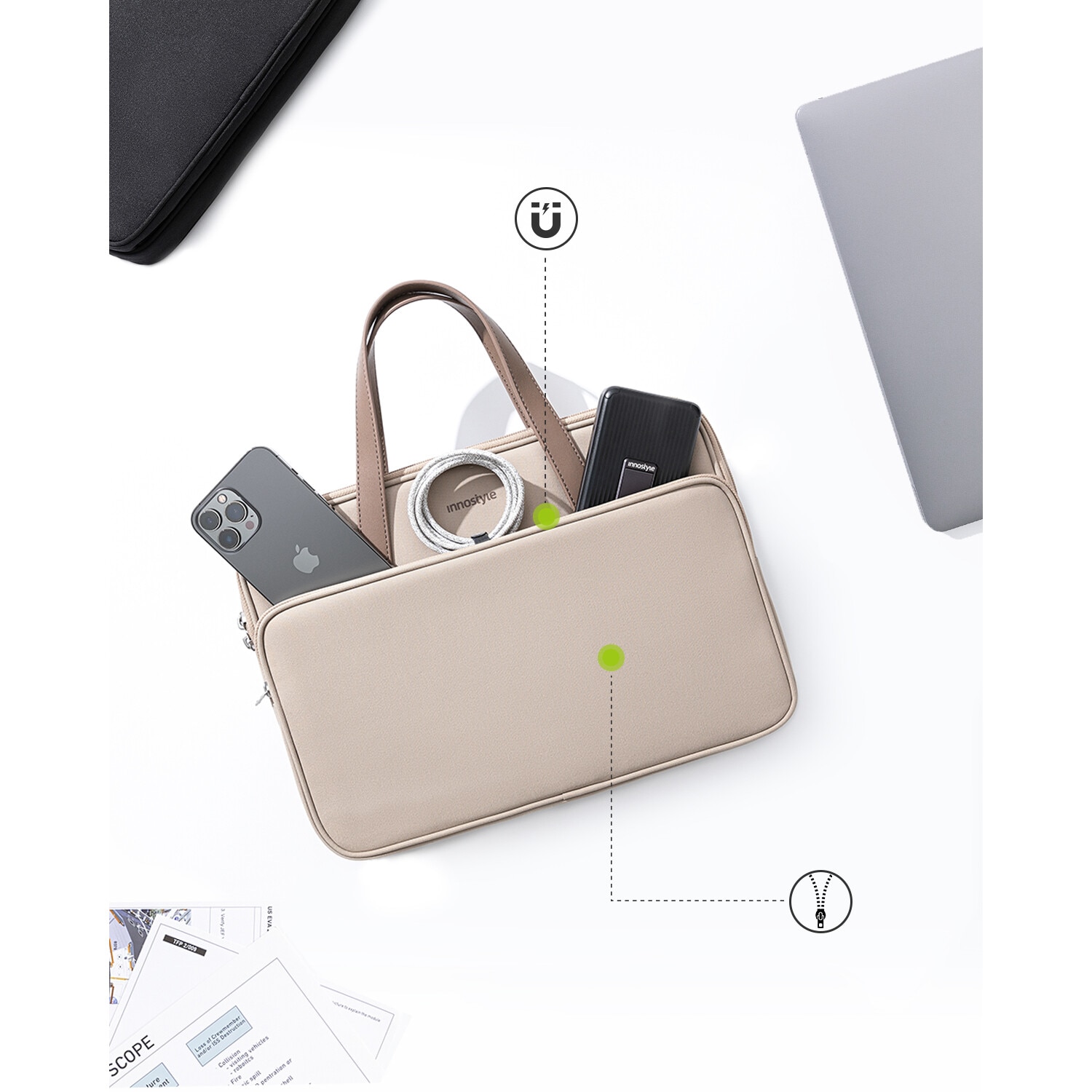 Geanta laptop Innostyle® OmniProtect Pro, pana la 14", impermeabila, ultralight (380g), colturi ranforsate, buzunar extern magnetic, material PU rezistent la abraziune, fermoare YKK, bej