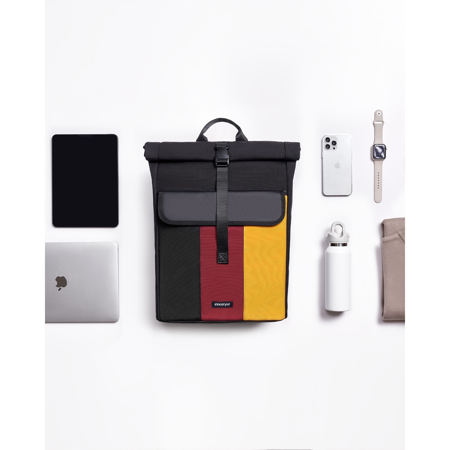 Rucsac laptop Innostyle® CityTrek Elite, pana la 15,6", impermeabil, ultralight (822g), capacitate reglabila 18-25L, material CORDURA 1050, fermoare YKK, sistem de ventilatie spate, inchidere Roll-Top, design ergonomic, sistem anti-furt, negru