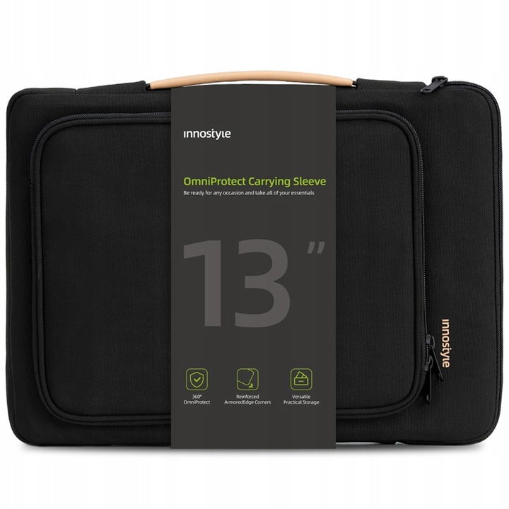 Geanta laptop Innostyle® OmniProtect, pana la 13", impermeabila, colturi ranforsate, ultralight (380g), compartiment captusit, buzunar acces rapid, fermoare YKK, Negru