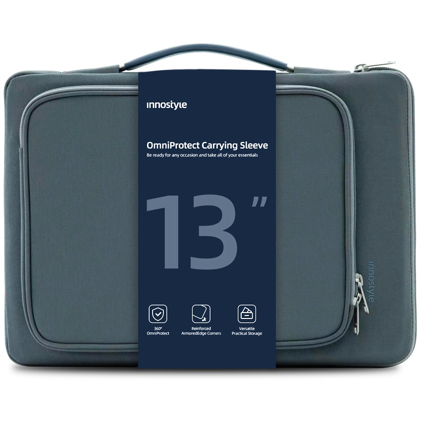 Geanta laptop Innostyle OmniProtect®, pentru laptopuri de pana la 13", impermeabila, colturi ranforsate, fermoare YKK, buzunar extern magnetic, compartiment captusit, gri