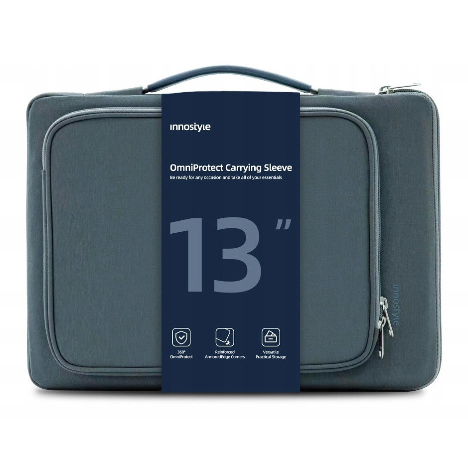 Geanta laptop Innostyle OmniProtect®, pentru laptopuri de pana la 13", impermeabila, colturi ranforsate, fermoare YKK, buzunar extern magnetic, compartiment captusit, gri
