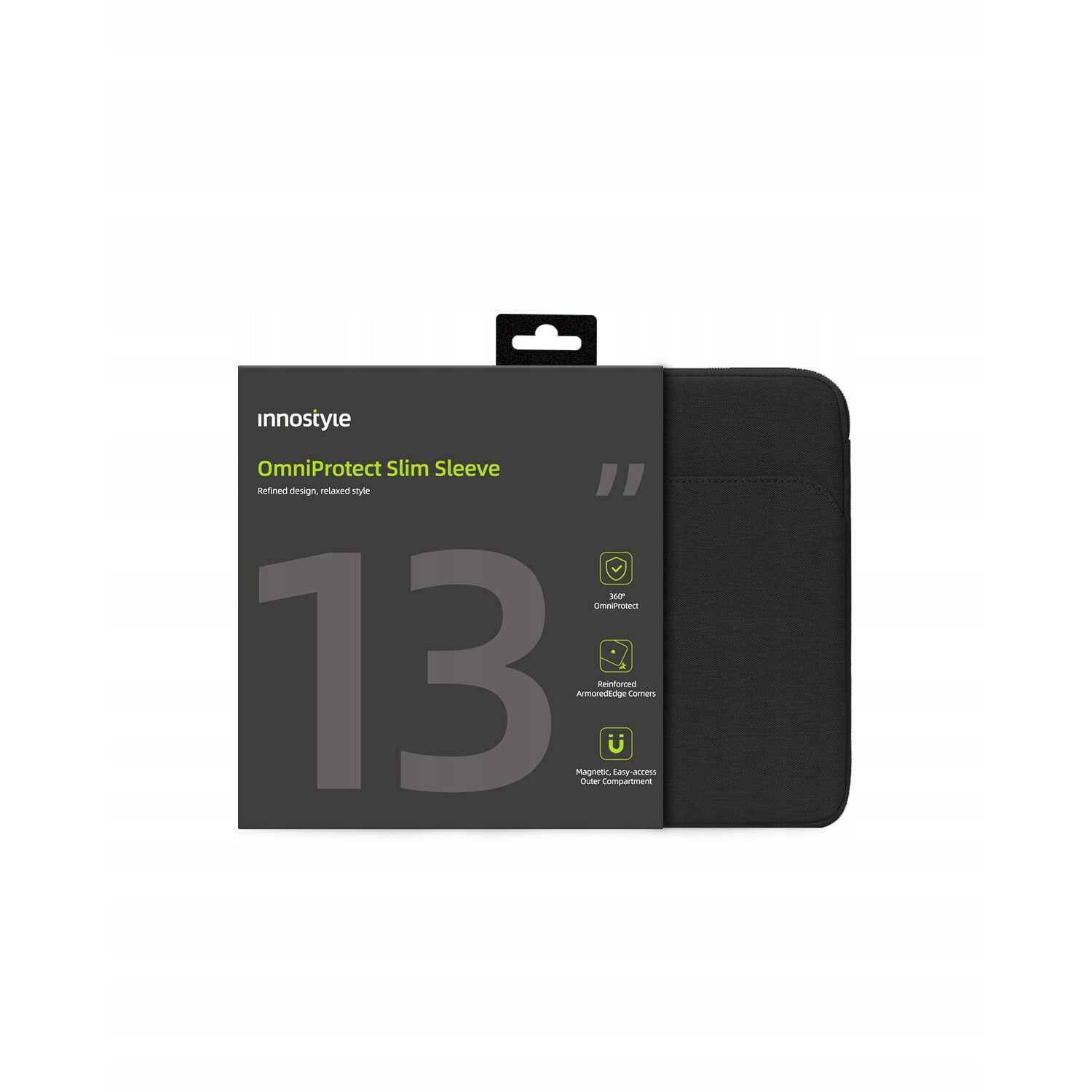 Geanta laptop Innostyle OmniProtect® Slim, pentru laptopuri de pana la 13", impermeabila, colturi ranforsate ArmoredEdge, fermoare YKK, compartiment captusit, negru