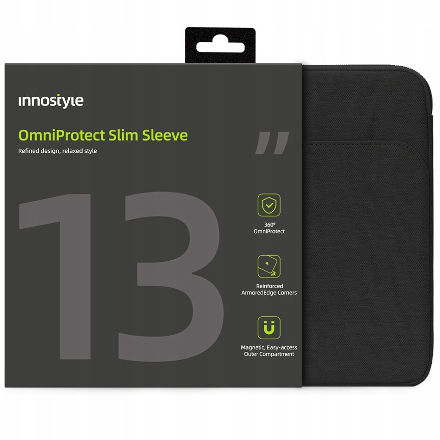 Geanta laptop Innostyle OmniProtect® Slim, pentru laptopuri de pana la 13", impermeabila, colturi ranforsate ArmoredEdge, fermoare YKK, compartiment captusit, negru