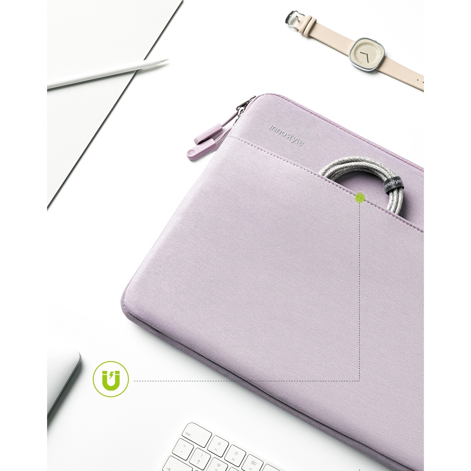 Geanta laptop Innostyle® OmniProtect Slim, impermeabila, pana la 14", protectie coltur ranforsate, buzunar extern cu acces rapid, ultra usoara (300g), compartiment captusit pentru laptop, violet
