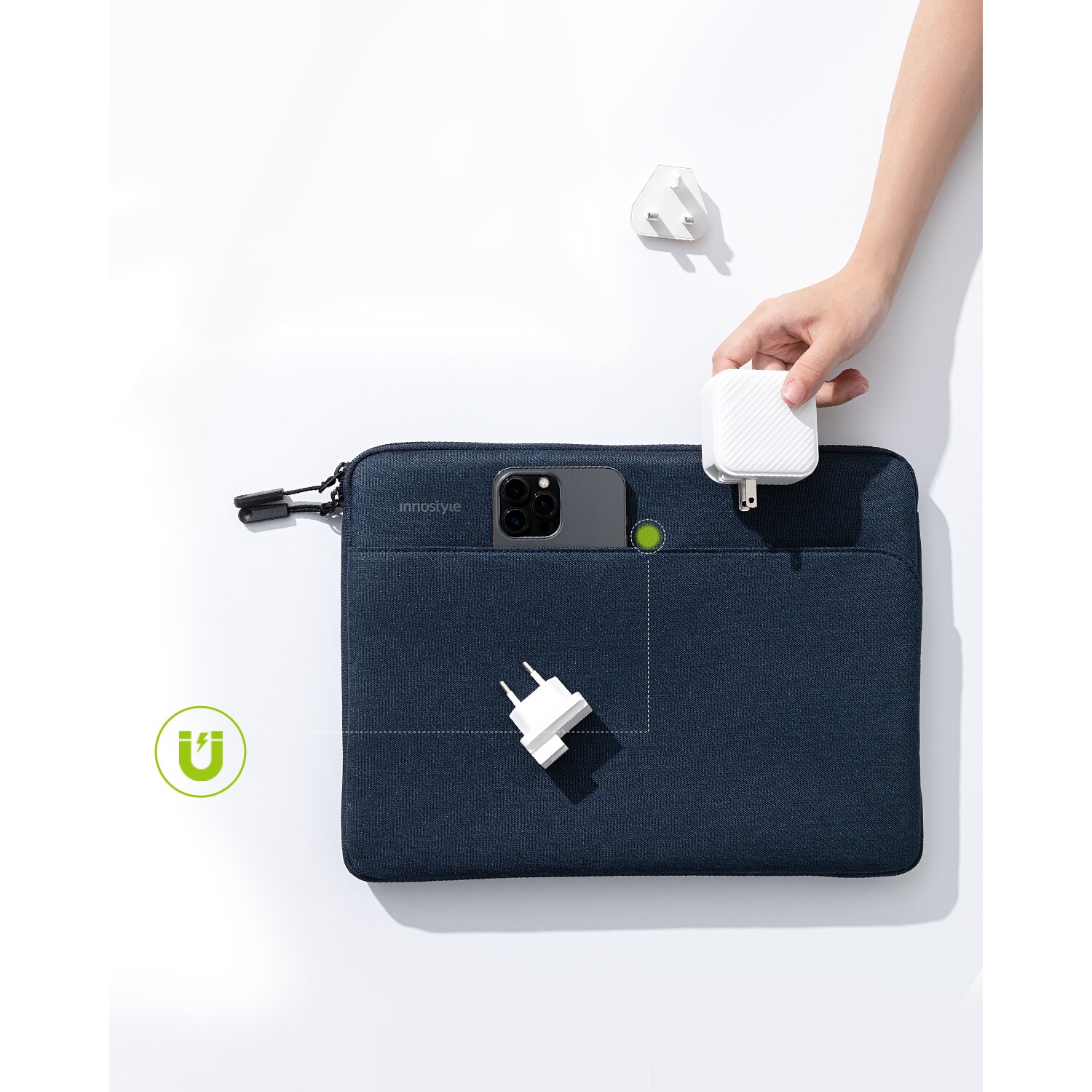 Geanta laptop Innostyle® OmniProtect Slim, ultra usoara (280g), impermeabila, pentru laptopuri de pana la 13", colturi ranforsate ArmoredEdge, fermoare YKK, buzunar extern cu acces rapid, albastru