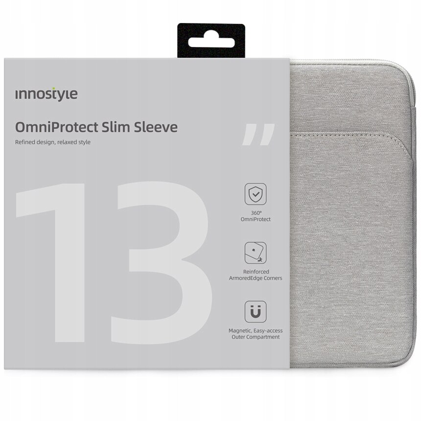 Geanta laptop Innostyle® OmniProtect Slim, ultra usoara (280g), impermeabila, pentru laptopuri de pana la 13", colturi ranforsate ArmoredEdge, fermoare YKK, buzunar extern cu acces rapid, gri