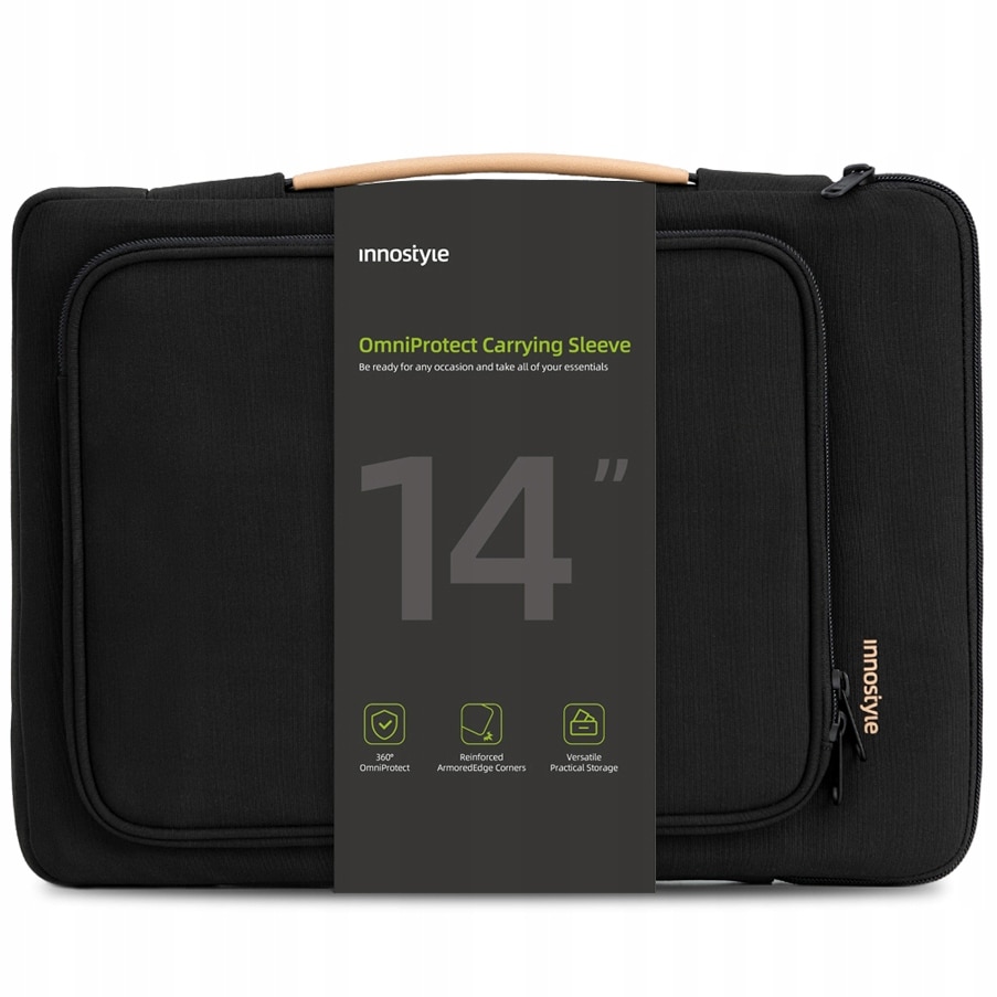 Geanta laptop Innostyle™ OmniProtect, compatibila cu laptopuri de pana la 14", impermeabila, colturi ranforsate pentru protectie anti-soc, buzunar magnetic acces rapid, ultra usoara (430g), fermoare YKK, material rezistent, design elegant, negru