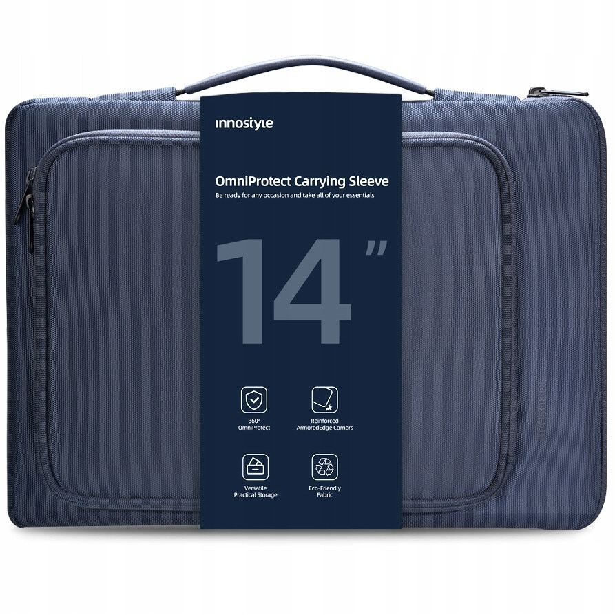 Geanta laptop Innostyle® OmniProtect, pana la 14", impermeabila, material ecologic din PET reciclat, protectie coltur ranforsate, buzunar extern cu acces rapid, ultra usoara (430g), compartiment captusit pentru laptop, albastru