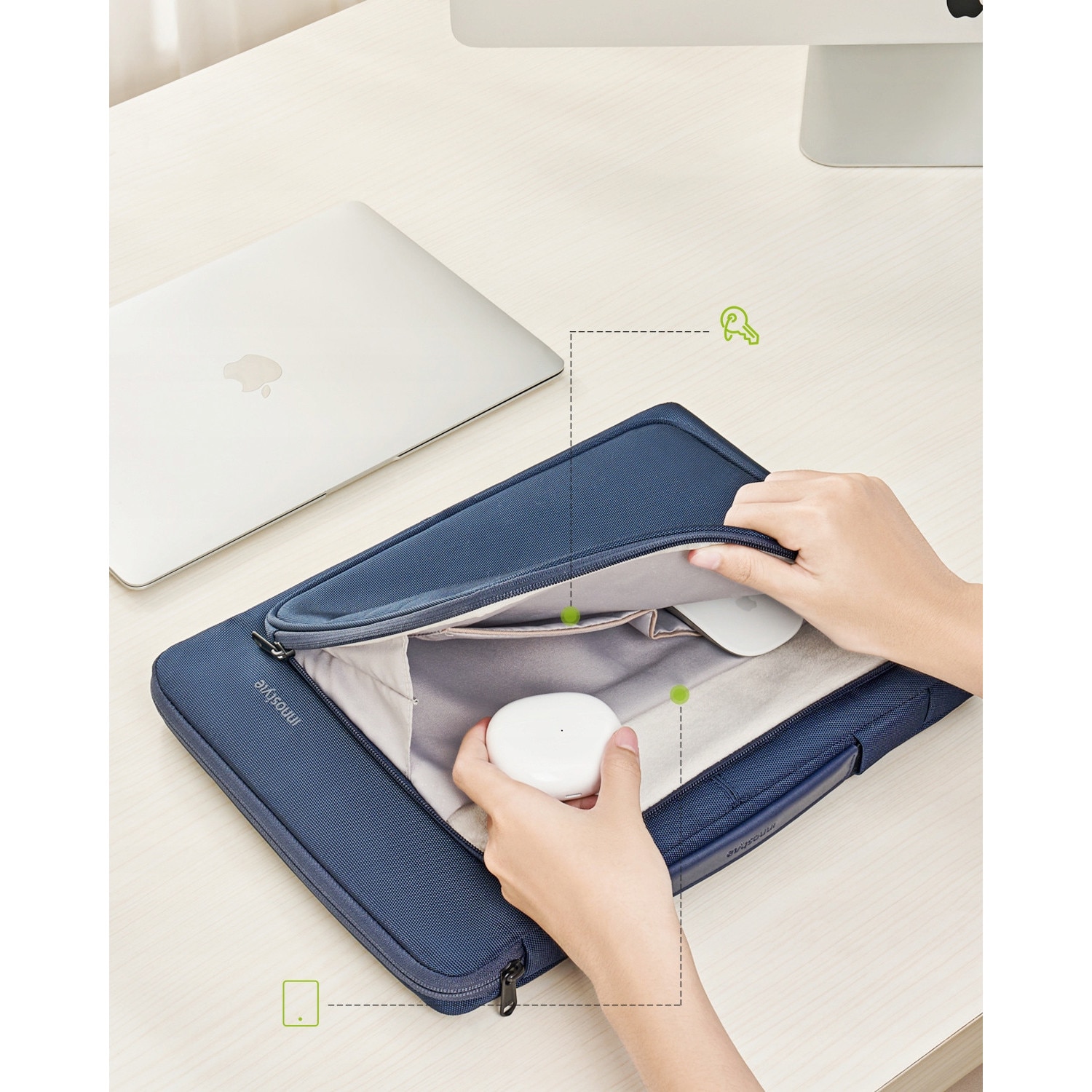 Geanta laptop Innostyle® OmniProtect, pana la 14", impermeabila, material ecologic din PET reciclat, protectie coltur ranforsate, buzunar extern cu acces rapid, ultra usoara (430g), compartiment captusit pentru laptop, albastru