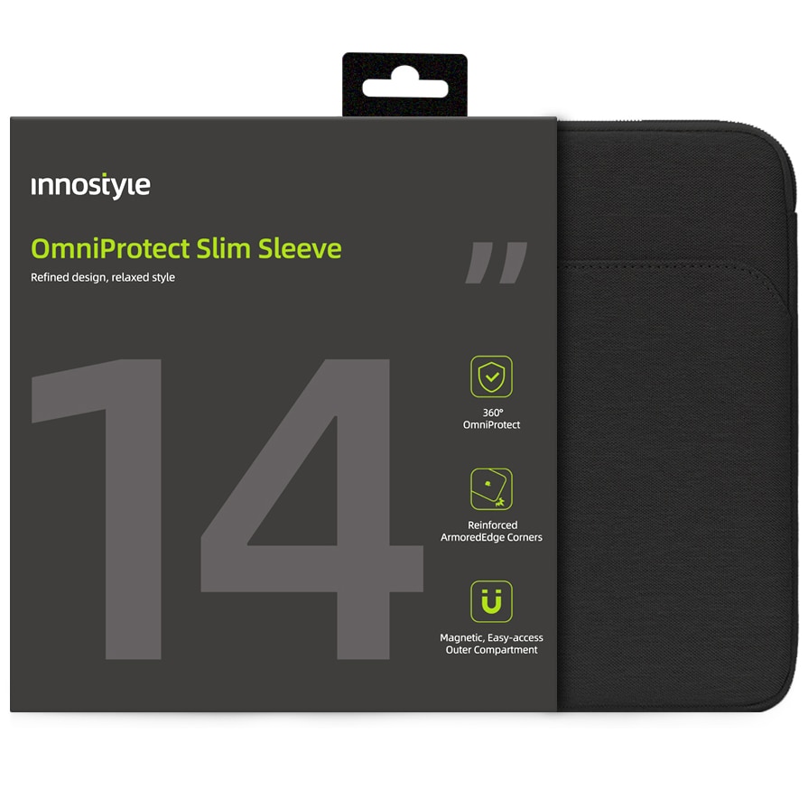 Geanta laptop Innostyle® OmniProtect Slim, impermeabila, pana la 14", protectie coltur ranforsate, buzunar extern cu acces rapid, ultra usoara (300g), compartiment captusit pentru laptop, negru