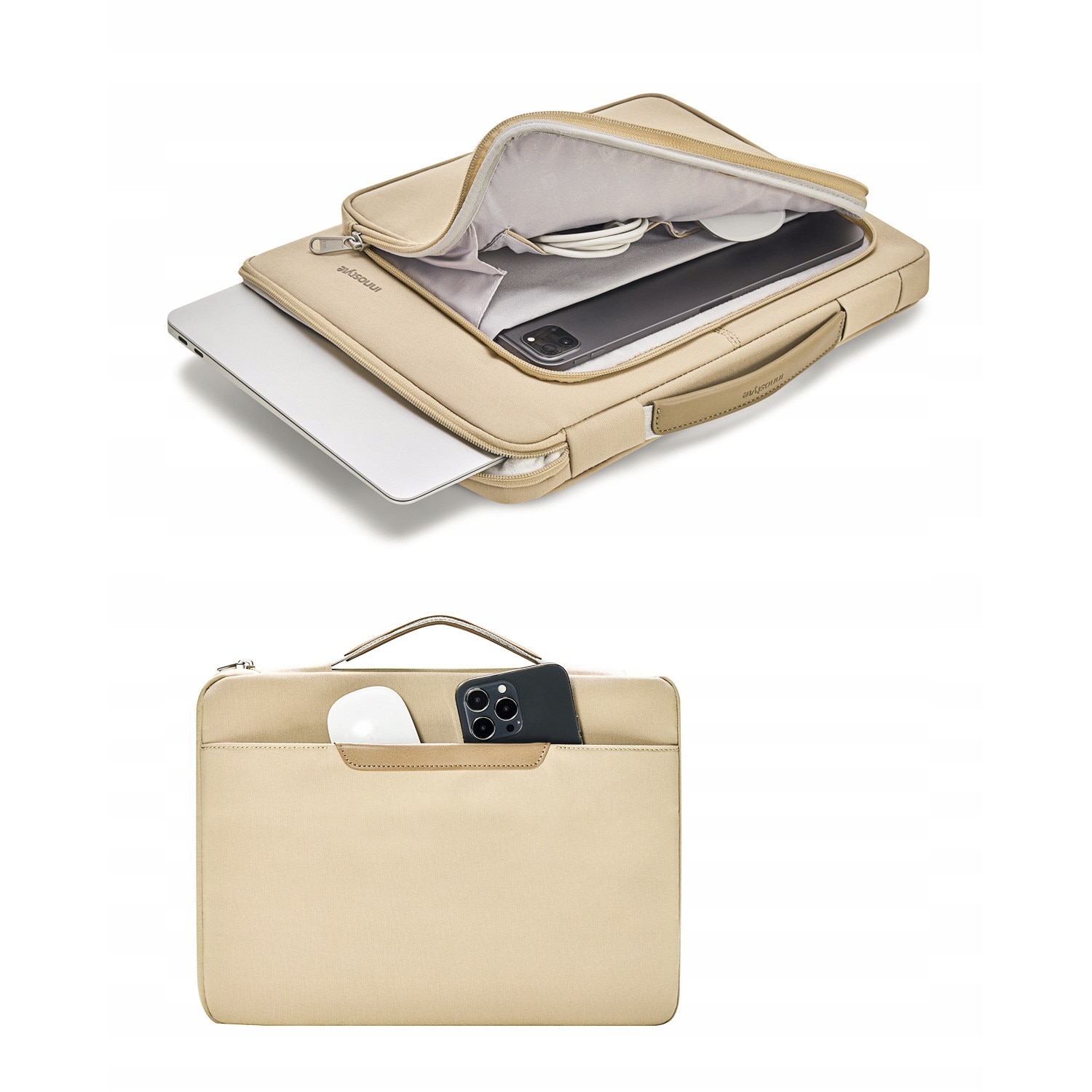 Geanta laptop Innostyle® OmniProtect®, pentru laptopuri de 16" si 15,6", impermeabila, material ecologic din 38 sticle PET, dimensiuni externe 39x28x5cm, interne 37x26x3cm, fermoare YKK, colturi ranforsate, usoara (480g), bej
