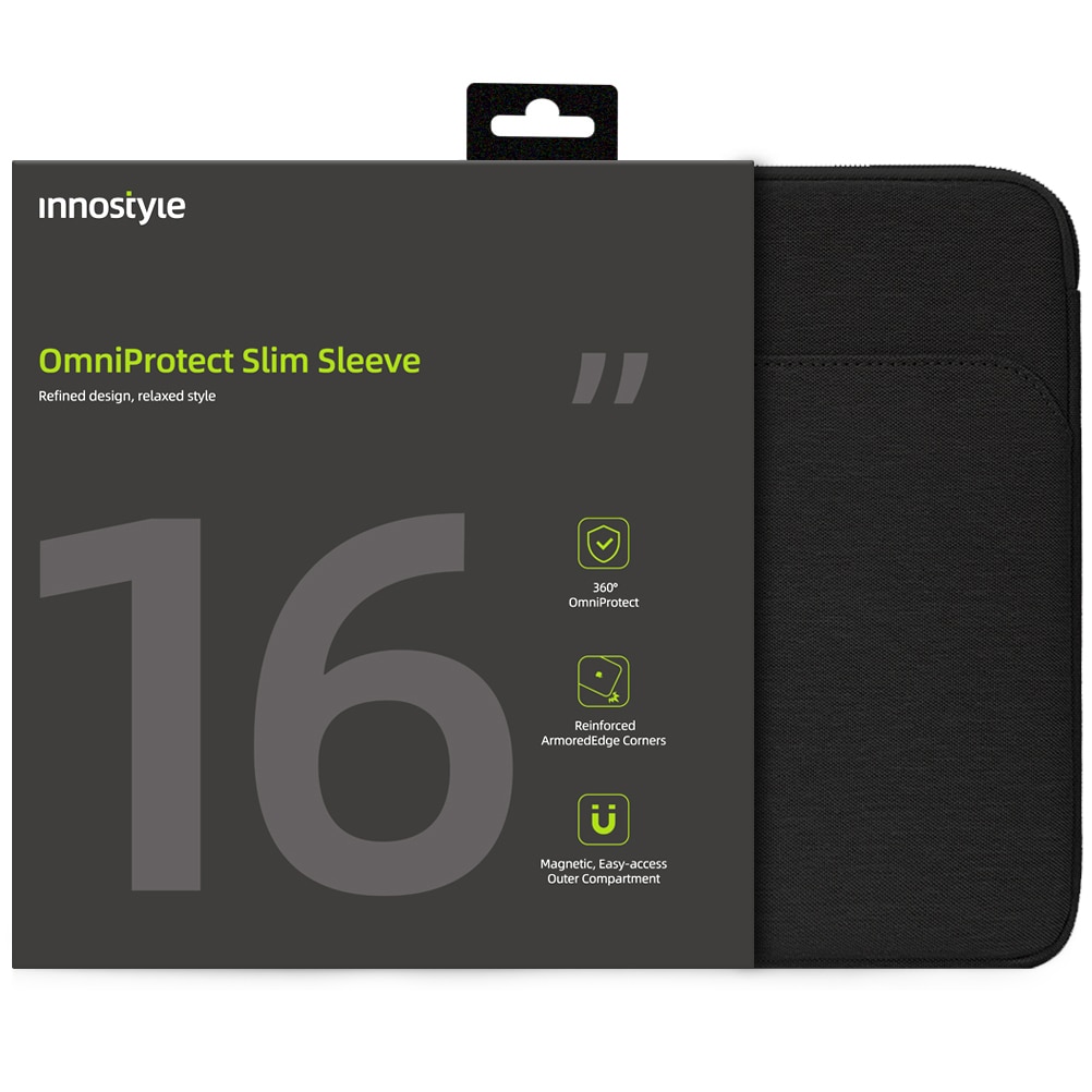 Geanta laptop Innostyle® OmniProtect Slim, pana la 16", impermeabila, ultralight (380g), colturi ranforsate ArmoredEdge, fermoare YKK, buzunar extern magnetic, design ergonomic, negru